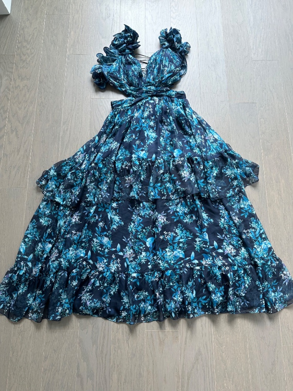 Ieena for Mac Duggal Ruffle Tiered Cut Out Gown Floral Blue Dress Chiffon - 6 - Picture 2 of 8